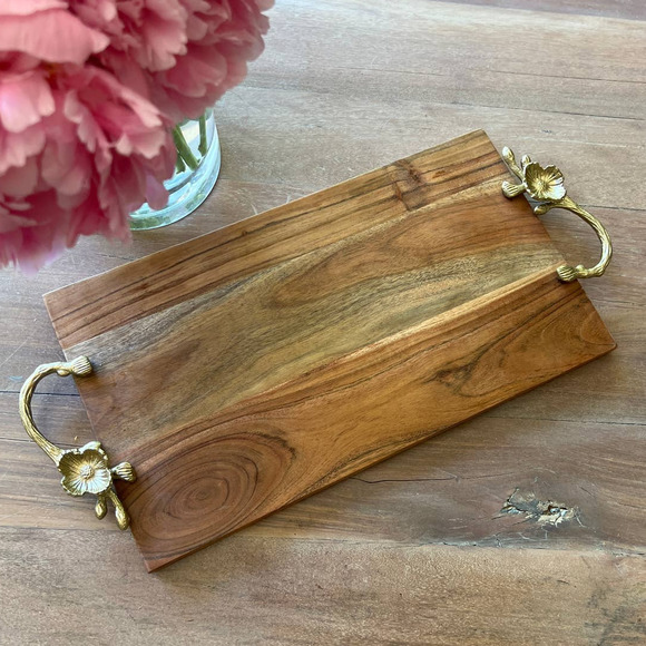 handmade Other - Wood And Gold Tone Metal Flower Serving Tray Cheeseboard